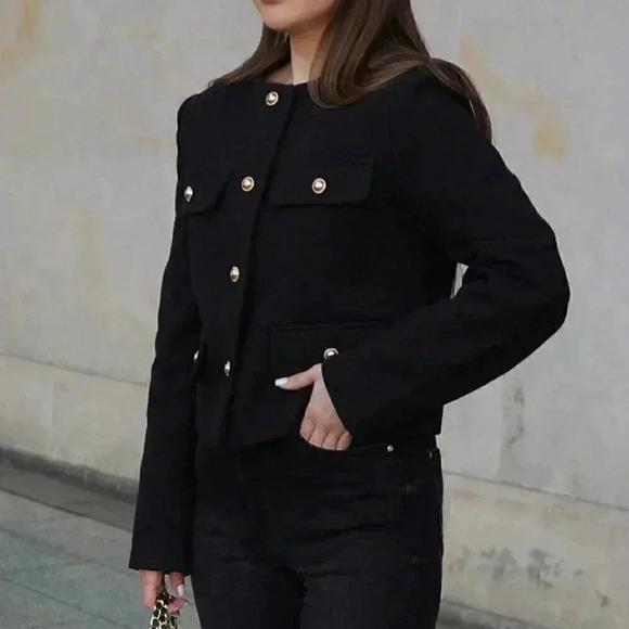 Black Elegant Women's Casual Tweed Jacket Decorated Long Sleeve Coat - Picture 2 of 8